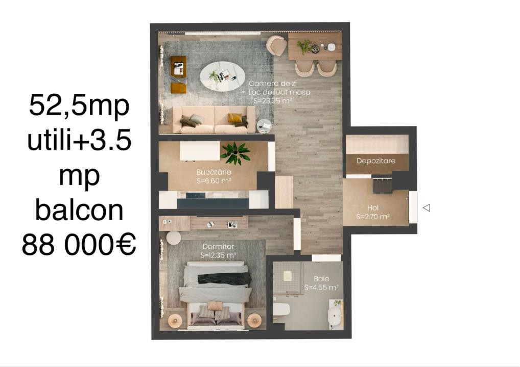Apartament 2 camere – 52,5 mp utili + balcon 3,5 mp | 88.000 €
