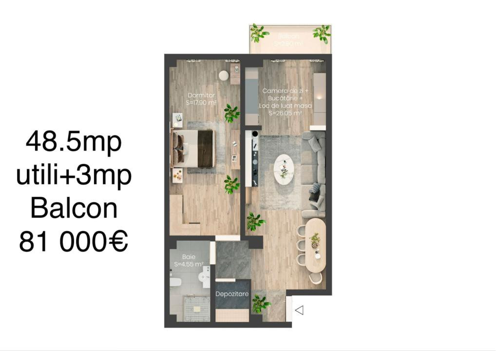 Apartament 2 camere – 48,5 mp utili + balcon 3 mp | 81.000 €