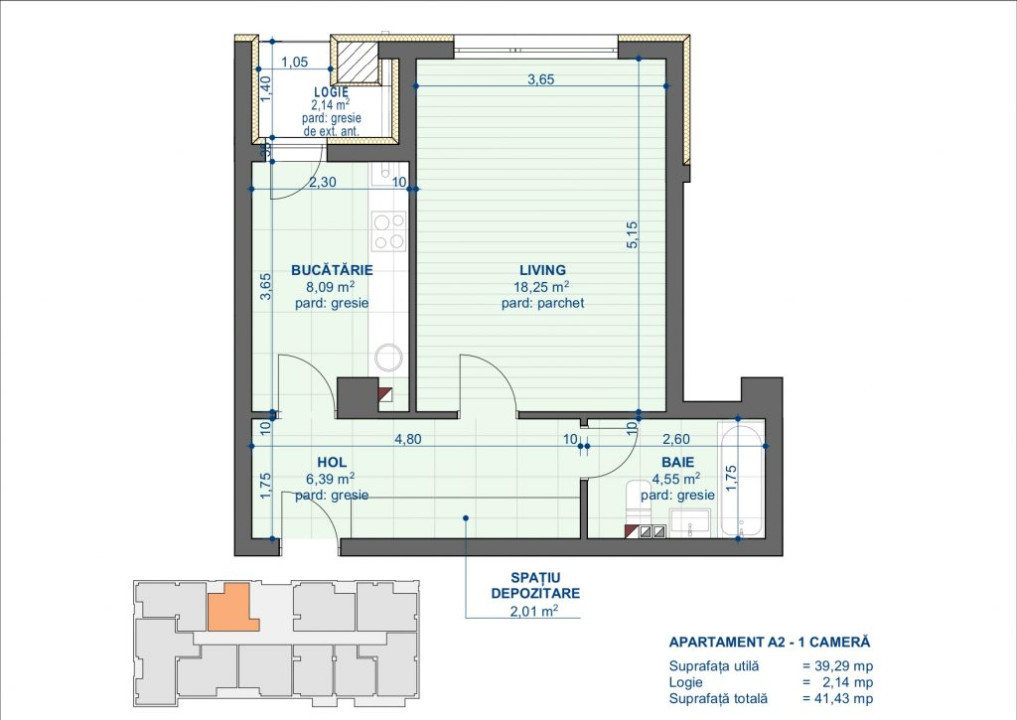 Apartament 1 camera, suprafata 41.43 mp