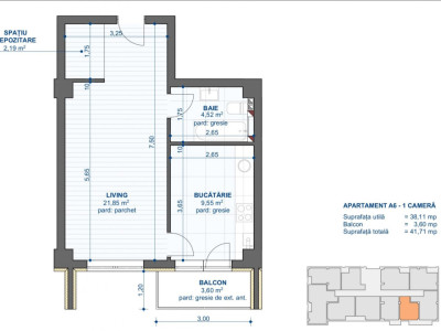 Apartament 1 camera, suprafata 41.71 mp