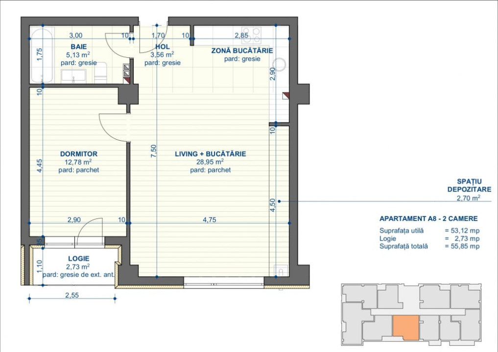 Apartament 2 camere, suprafata 55.28 mp